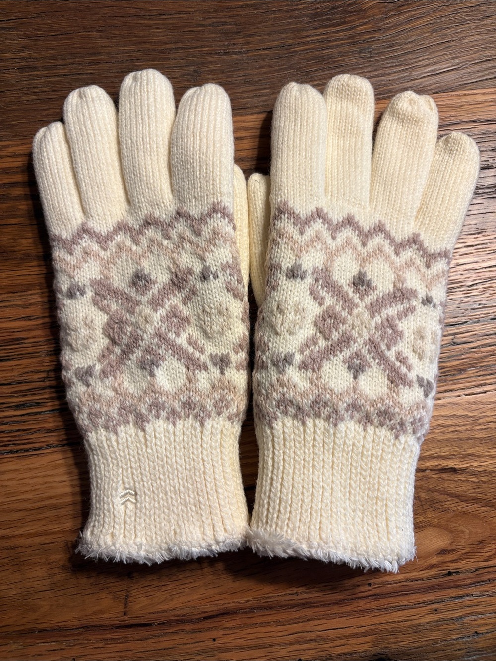 isotoner Cream and Taupe Nordic Knit Gloves with Faux Fur Lining